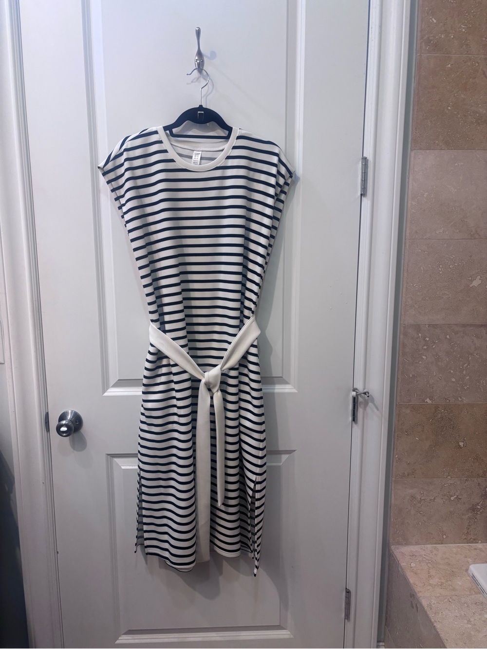 Spanx Striped Crewneck Belted Dress - Black & White